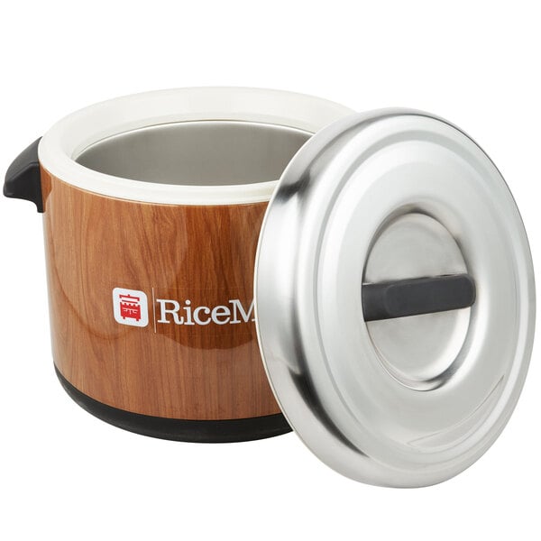 A white and woodgrain Town sushi rice container with a lid.
