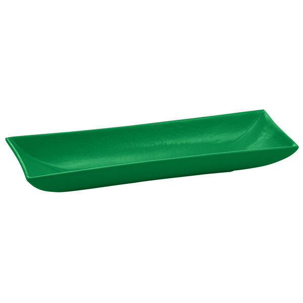 A green rectangular Tablecraft cast aluminum platter with flared edges on a white background.