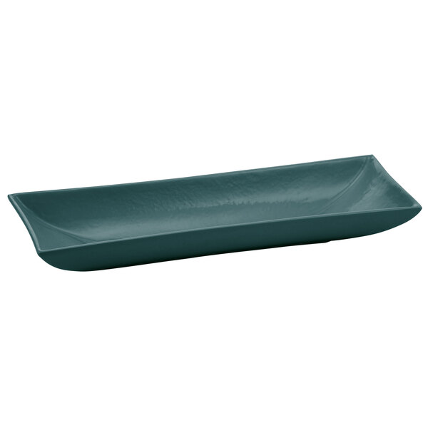 A Tablecraft hunter green cast aluminum rectangular platter with curved edges.