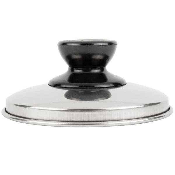 A close-up of a stainless steel Town Dim Sum Steamer cover with a black handle.