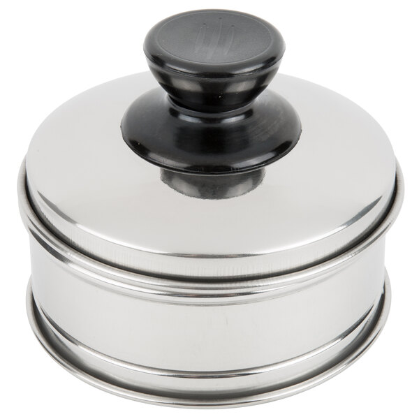 A silver stainless steel Town Dim Sum steamer cover with a black round top.