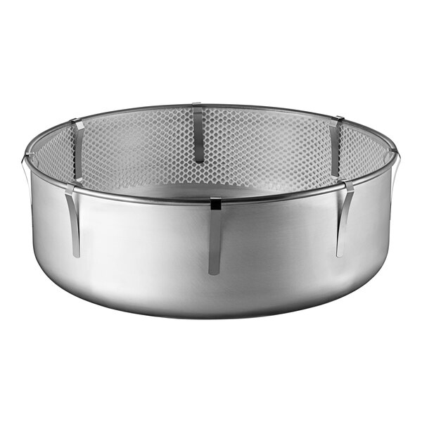 A silver aluminum bowl with metal mesh.