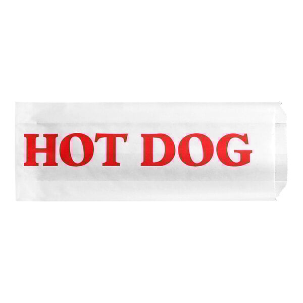 A white paper hot dog bag with the words 'HOT DOG' printed in red on the front.