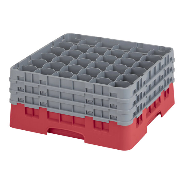 A red and gray Cambro plastic rack for 36 glass containers.