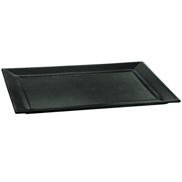 A black rectangular Tablecraft cast aluminum platter with green speckles.