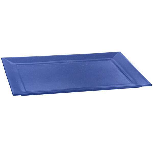 A blue rectangular cast aluminum platter with speckles.