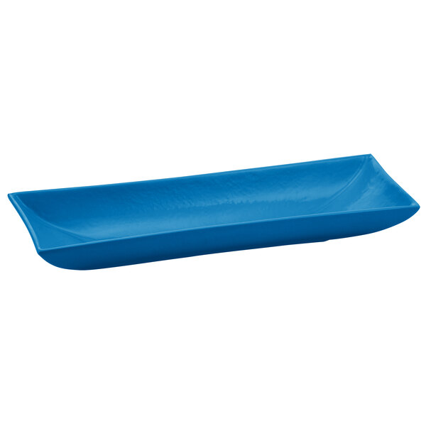 A sky blue rectangular cast aluminum serving platter.