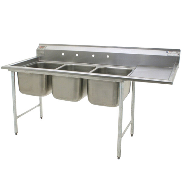 A stainless steel Eagle Group 3 compartment sink with right drainboard.