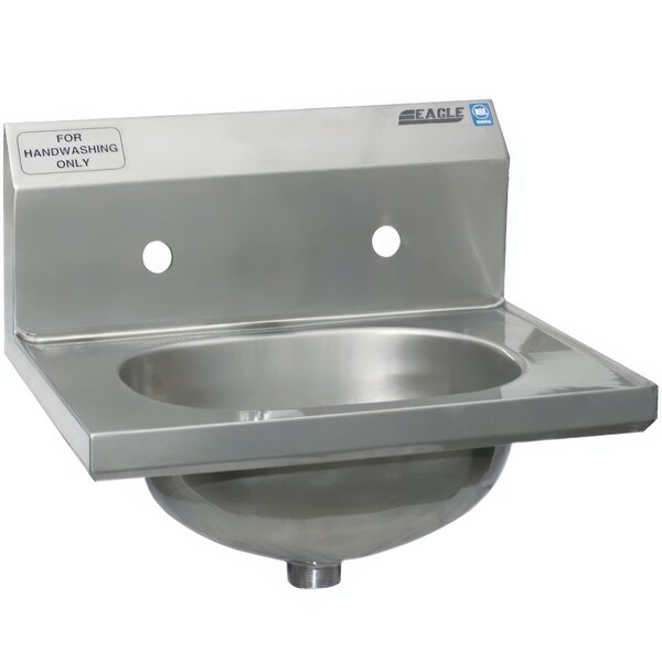 A stainless steel Eagle Group hand sink with a drain and faucet holes.