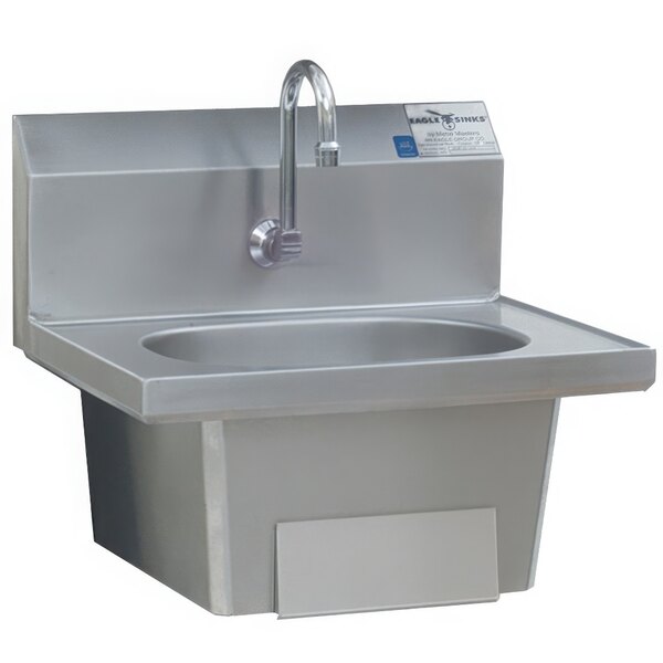 An Eagle Group stainless steel wall mount hand sink with a gooseneck faucet and knee pedal.