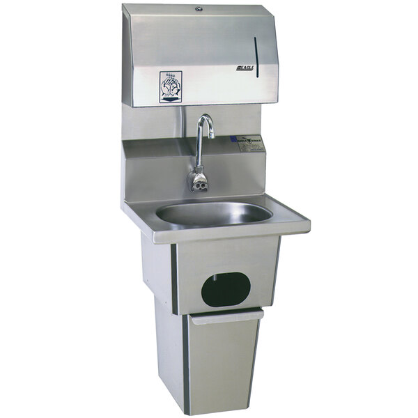 A stainless steel Eagle Group hand sink with a gooseneck faucet.