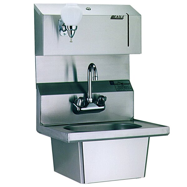 A stainless steel Eagle Group hand sink with a gooseneck faucet.