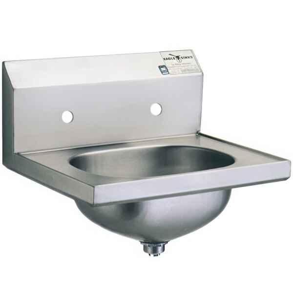 A stainless steel Eagle Group hand sink with basket drain and 8" center holes.