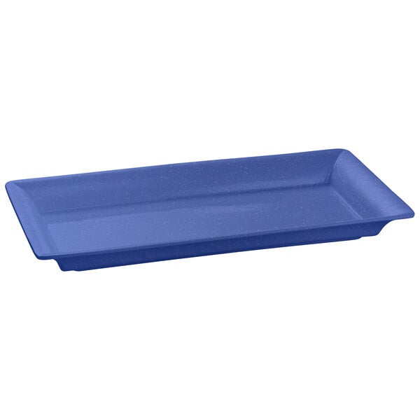 A blue rectangular Tablecraft cast aluminum platter with a rectangle edge.