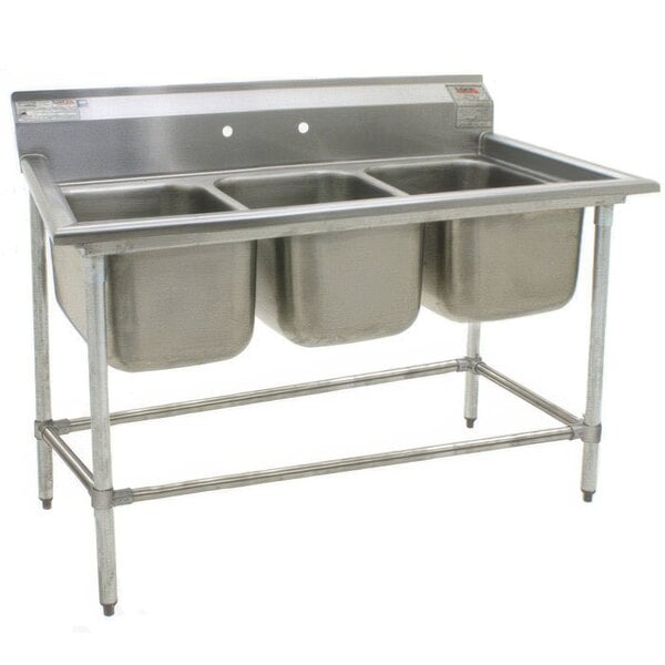 A stainless steel Eagle Group 3-compartment sink with three 16" bowls.