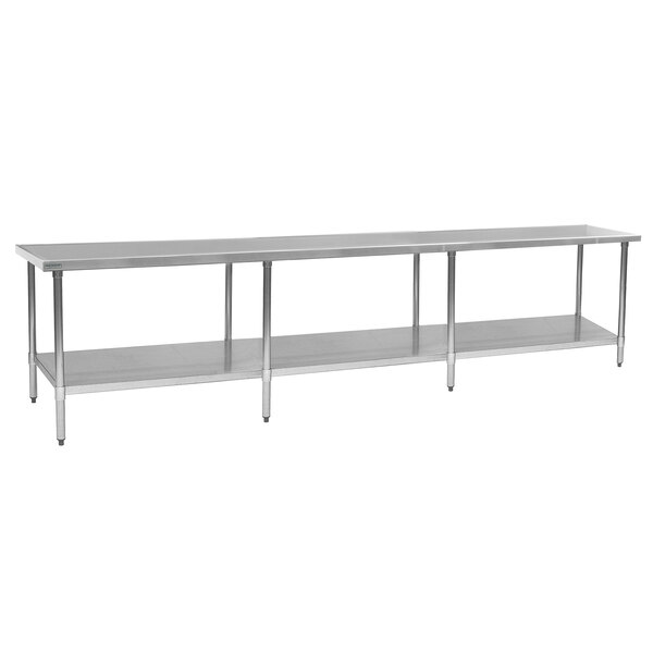 A long stainless steel Eagle Group work table with a galvanized undershelf.