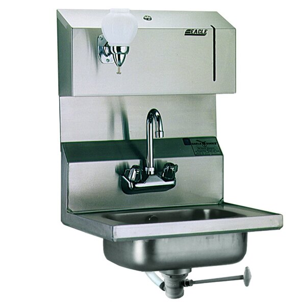 A stainless steel Eagle Group hand sink with a gooseneck faucet and polymer drain lever.