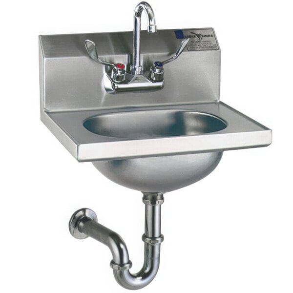 A stainless steel Eagle Group hand sink with a gooseneck faucet, p-trap, and tail piece.