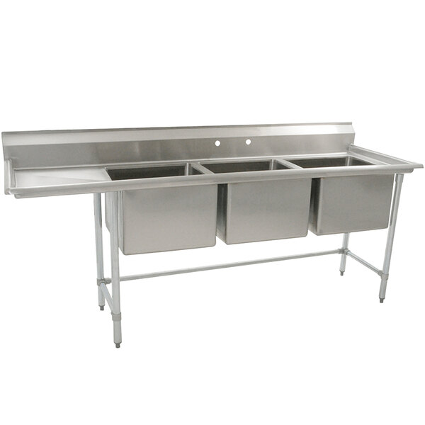 A stainless steel Eagle Group three compartment sink with a left drainboard.