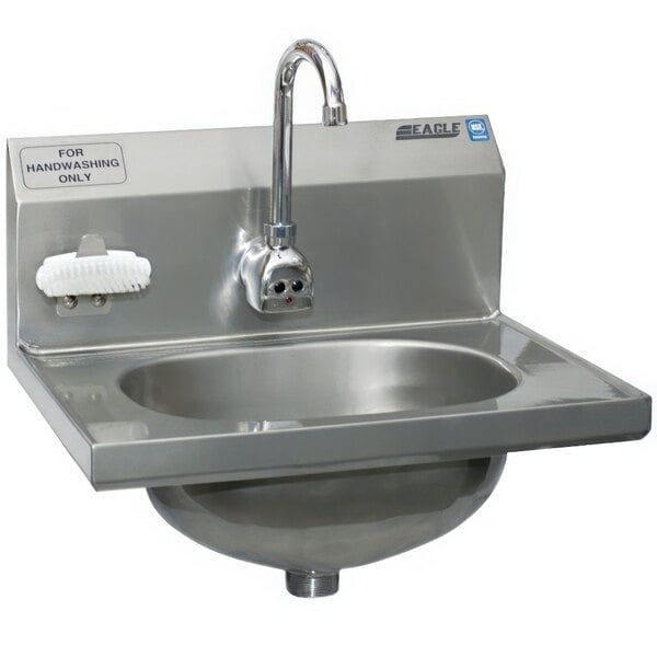 An Eagle Group stainless steel hand sink with a gooseneck faucet.