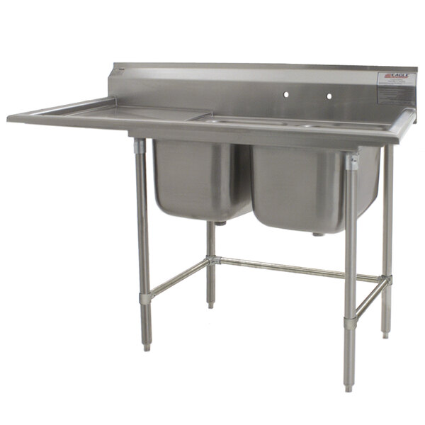 A stainless steel Eagle Group 2-bowl sink with left drainboard.