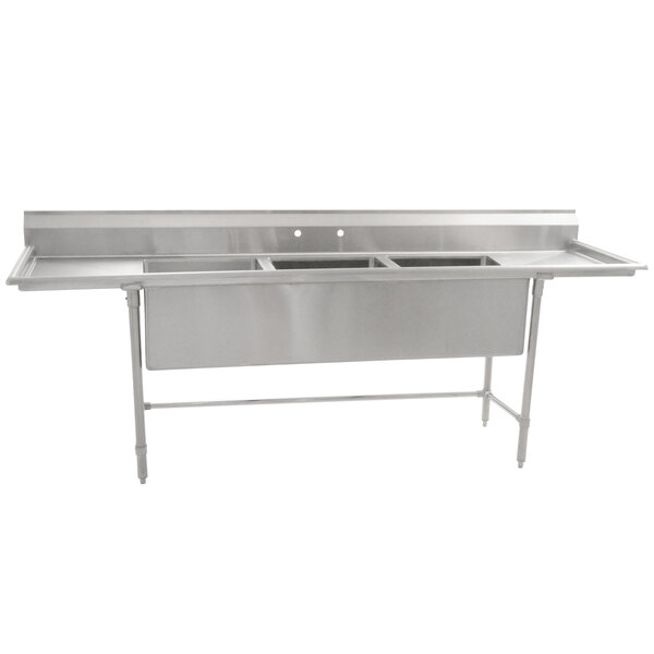 A stainless steel Eagle Group three compartment sink with two drainboards.