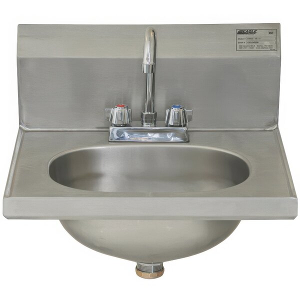 An Eagle Group hand sink with a gooseneck faucet over a silver surface.