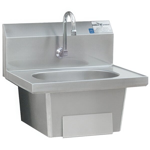 An Eagle Group MicroGard stainless steel wall mount hand sink with a gooseneck faucet and skirt.