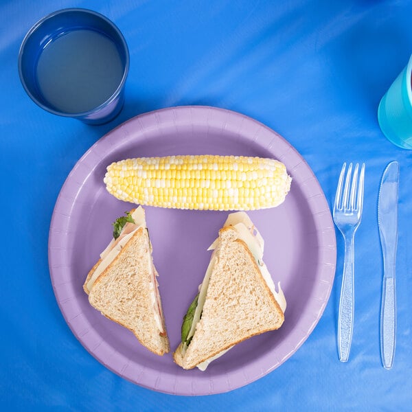A Creative Converting luscious lavender paper plate with a sandwich on it.