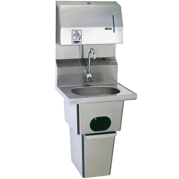 An Eagle Group stainless steel hand sink with a gooseneck faucet.