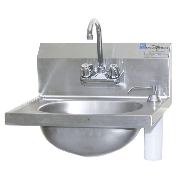 A stainless steel Eagle Group hand sink with faucet and basket drain on a counter.