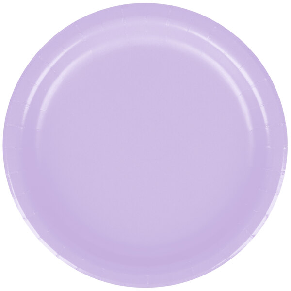 A purple paper plate on a white background.