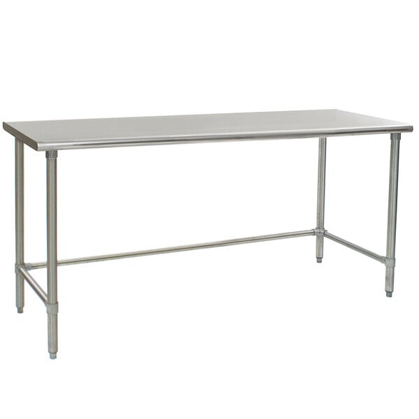 A Eagle Group stainless steel work table with an open base and metal legs.