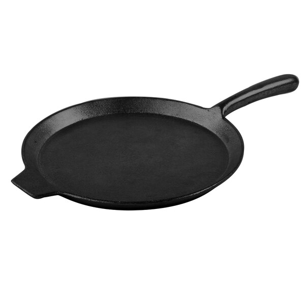 A black round cast aluminum pizza tray with a handle.