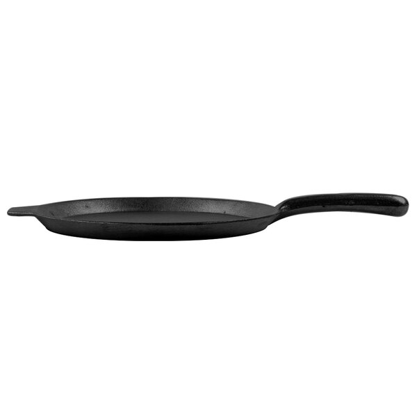 A black Tablecraft cast aluminum pizza tray with a handle.