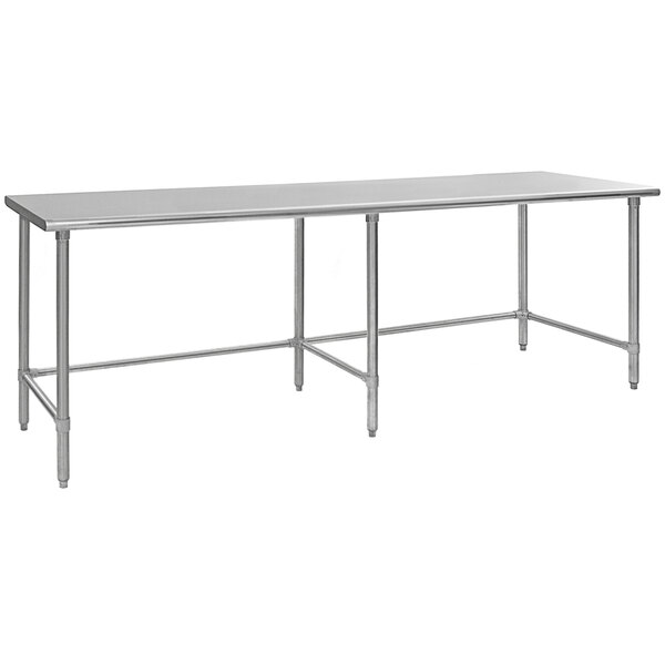 A long rectangular Eagle Group stainless steel work table with an open base.