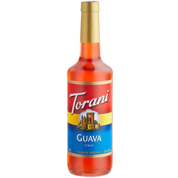 A Torani 750 mL glass bottle of guava syrup with a label.