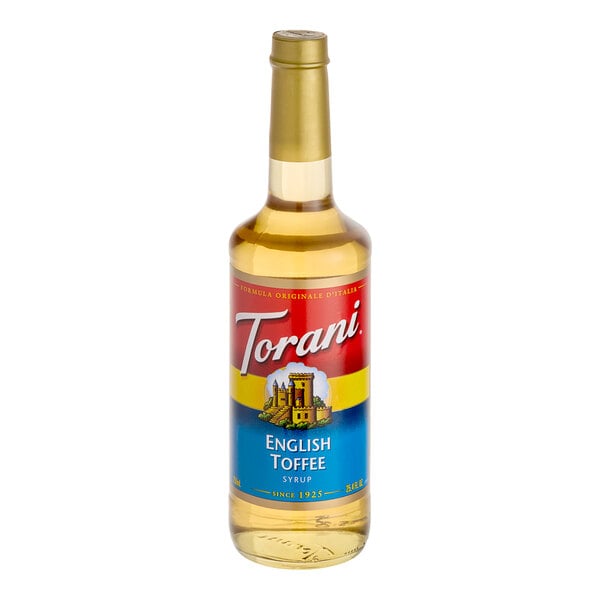 A Torani English Toffee flavoring syrup bottle with a label.