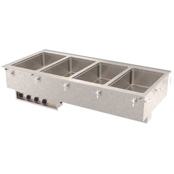 A Vollrath stainless steel drop-in hot food well with four compartments.