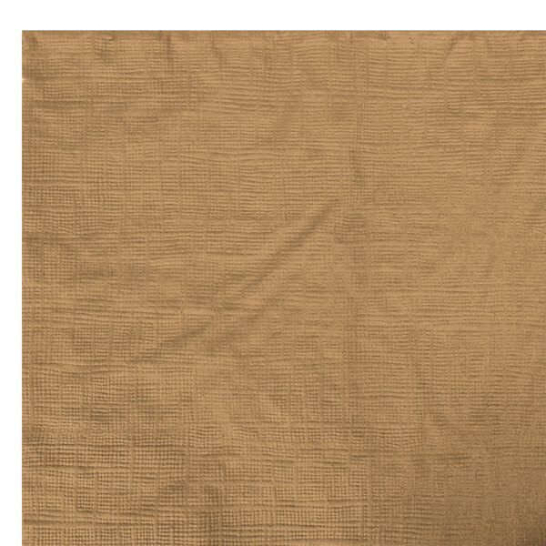 A Creative Converting Glittering Gold OctyRound table cover with a square design in brown.