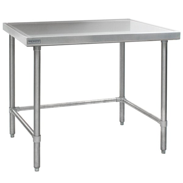 An Eagle Group stainless steel work table with metal legs.