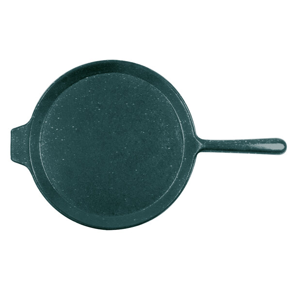 A Tablecraft hunter green cast aluminum pizza tray with a handle.