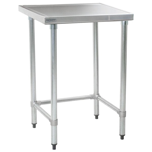 A metal Eagle Group stainless steel work table with an open base.