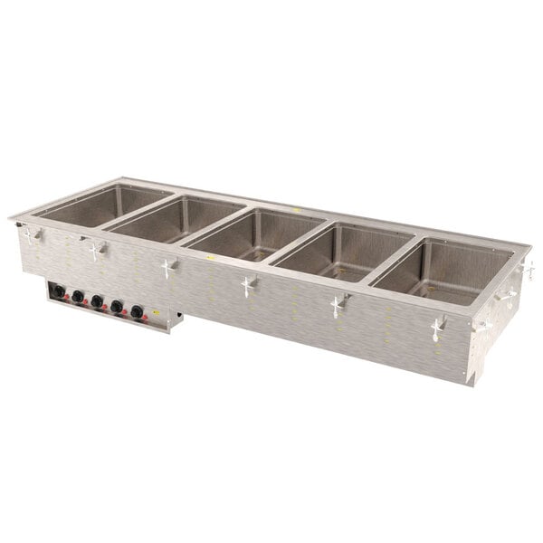 A Vollrath stainless steel drop-in hot food well with four compartments.