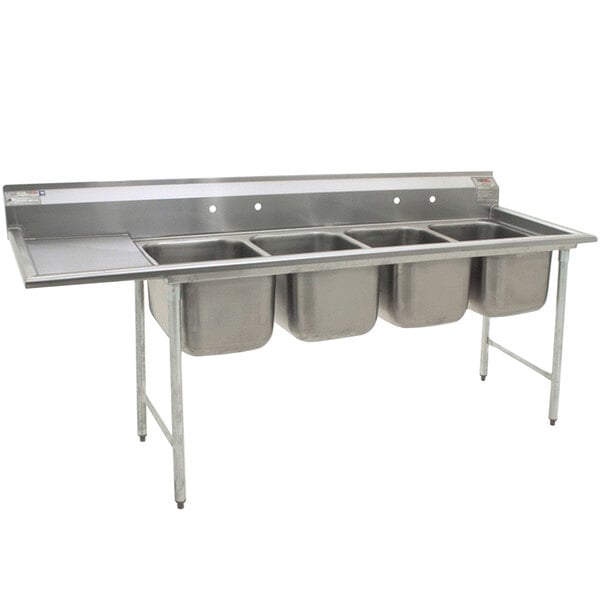 A stainless steel Eagle Group 4 compartment commercial sink with a left drainboard.