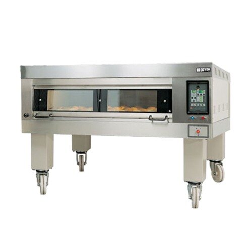 A Doyon Artisan bakery deck oven with a glass door and wheels.