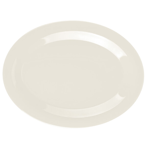 A white oval platter with a diamond ivory rim on a white background.