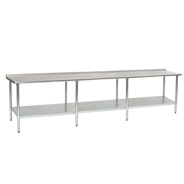 A stainless steel Eagle Group work table with undershelf and backsplash.