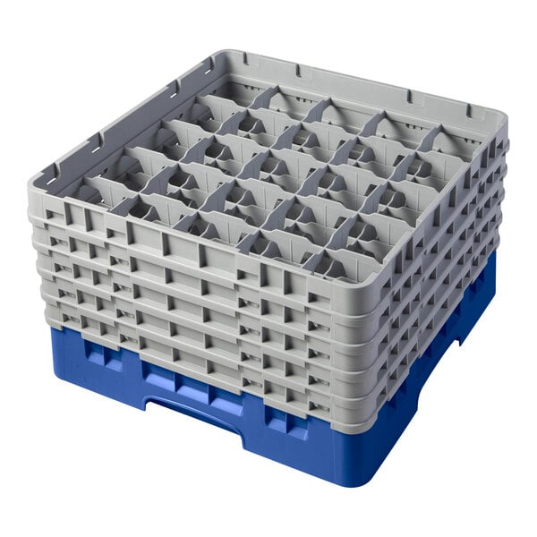 A blue plastic Cambro glass rack with gray extenders.