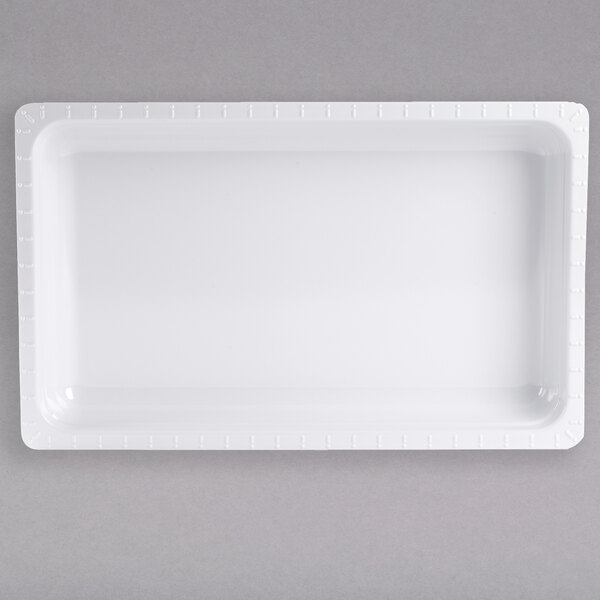 A white rectangular melamine food pan.